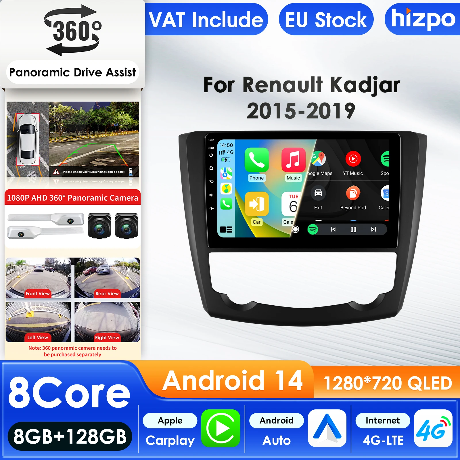 Hizpo 2Din Android 14 Lettore multimediale per auto per Renault Kadjar 2015-2019 GPS Carplay 4G AI Schermo intelligente Autoradio WIFI FM