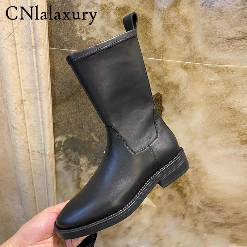 Chunky Med-High Heel Elastic Boots Women Chelsea Shoes Solid Leather Botas Ankle Feminina Slim Botines Mujer Motorcycle boots