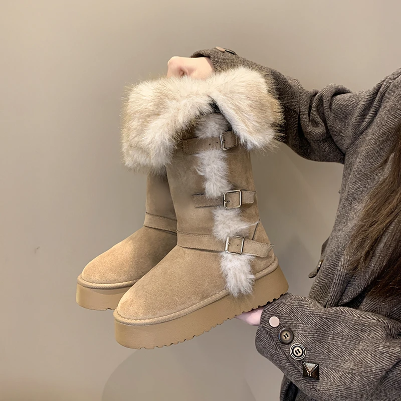 

Зимние ботинки на платформе с металлической пряжкой, новые зимние замшевые теплые нескользящие высокие хлопковые туфли с круглым носком