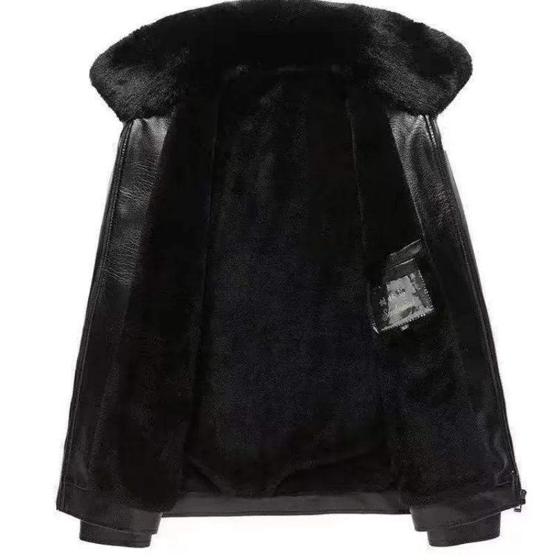 Winter Leather Jacket Fleece Warm PU Leather Coat Men's Long Sleeve Zipper Windproof Outerwear Luxury Motorcycle Jacket Black