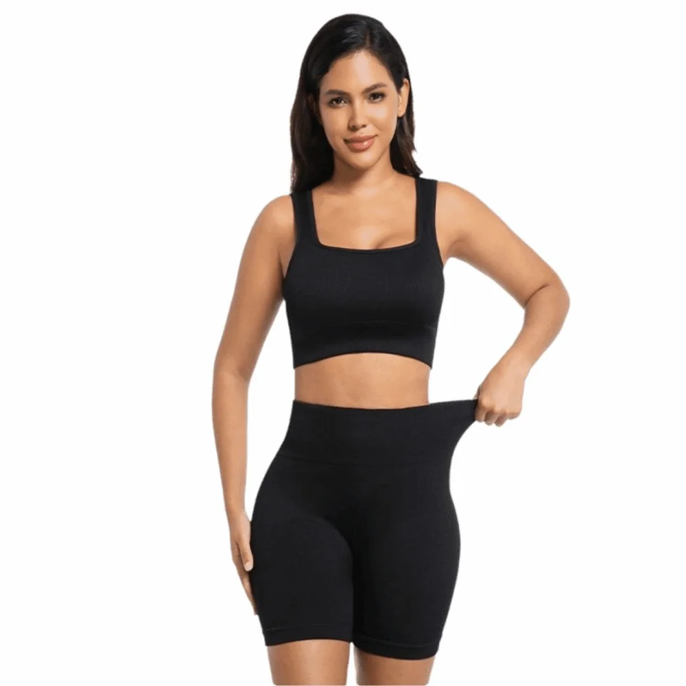 2pcs High Waist Design Ribbed Crop Tank Pull-On Style Stretchy Material High Waist Yoga Shorts Women Workout Sets Gym Workout