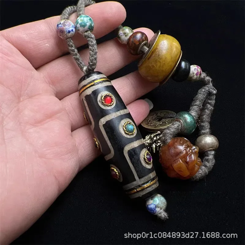Nepal Tibetan Natural Agate Handmade Filigree Inlaid Gem Dzi Bead Hand Pieces