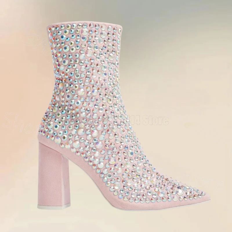 

Colorful Rhinestone Pointed Toe Ankle Boots Side Zipper Women Shoes Chunky High Heels New Party Banquet 2025 Zapatos Para Mujere