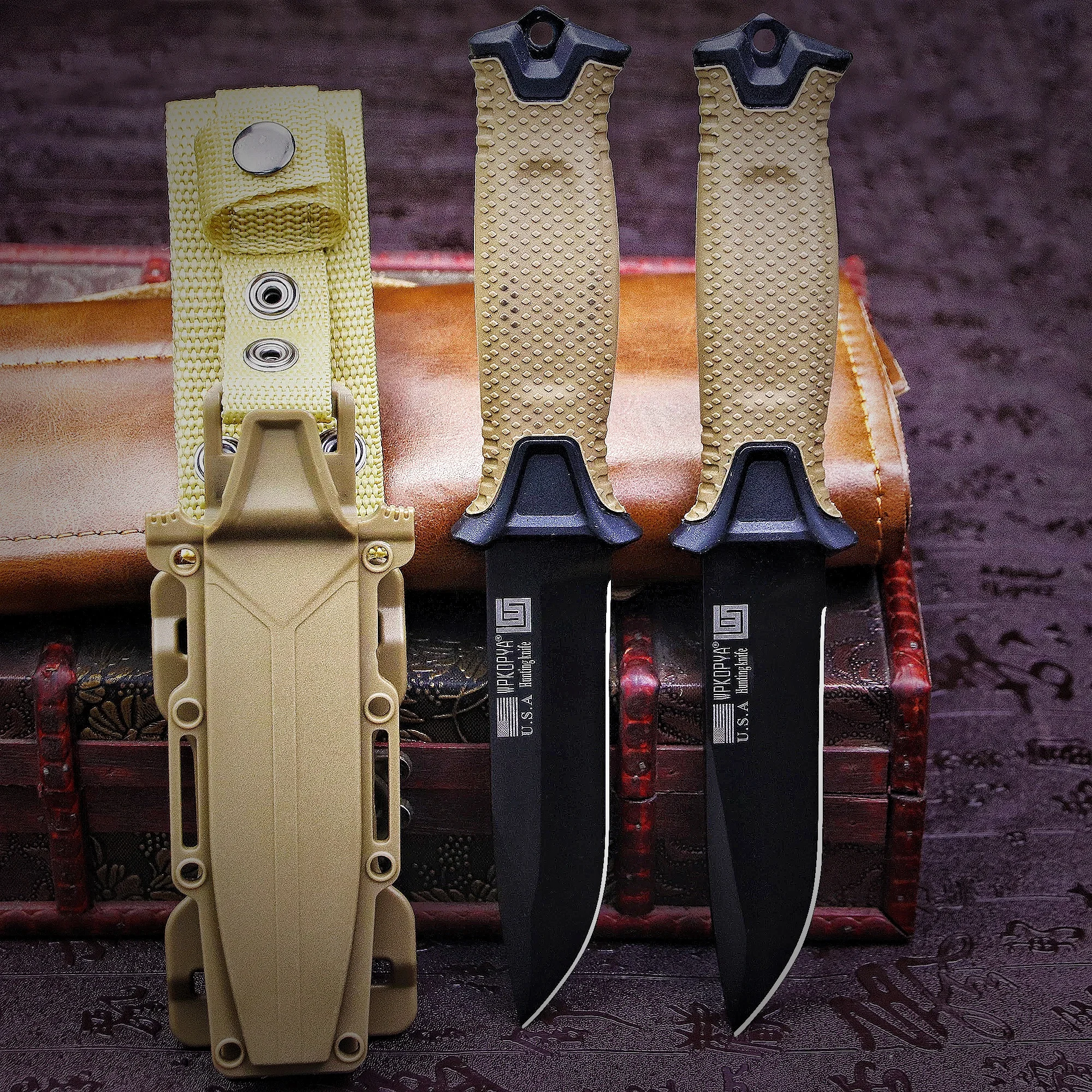 WPKOPYA U.S.A D2 steel hunting knife+k sheath, fiberglass handle outdoor knife, jungle survival EDC tool knife