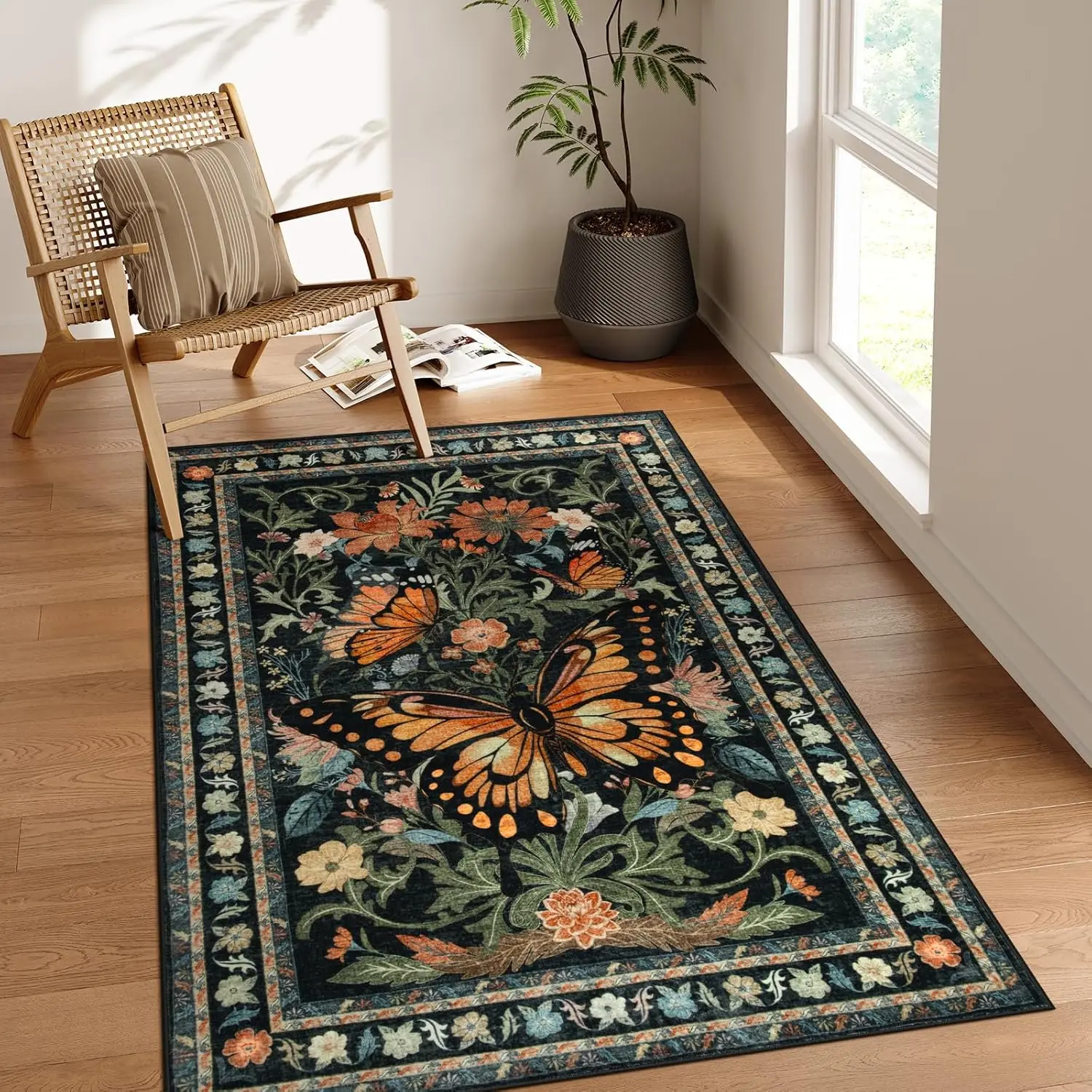 Butterfly Insect Washable Rug,Non Slip Boho Rugs for Bedroom,Ultra-Thin Stain Resistant Soft Small Carpet Living Room Entryway
