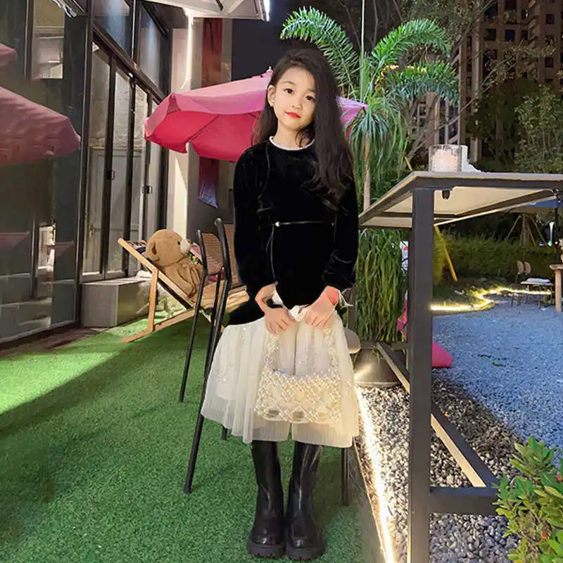 winter spring teen girls Velvet patchwork mesh dress junior kids Princess Formal dresses 4-14 youth child clothes vestido festa