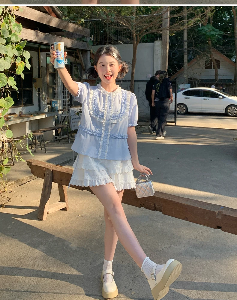 Japanese Sweet Preppy Style Ruffles Splicing Round Neck Puff  Short Sleeve Single Breasted Drawstring Slim Shirts Blouses Women