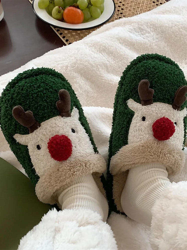 Plush Home Slippers For Men And Women 2023 Winter Creative Cute Christmas Elk Parent-child Cotton Slippers