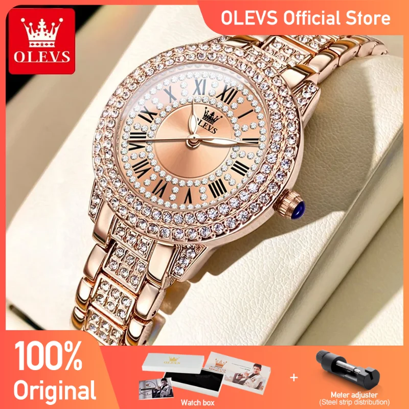 OLEVS Women\'s Watches Fashion Original Quartz Wrist Watch for Ladies Roman Dial Dazzling Diamond Waterproof Luminous Luxury New