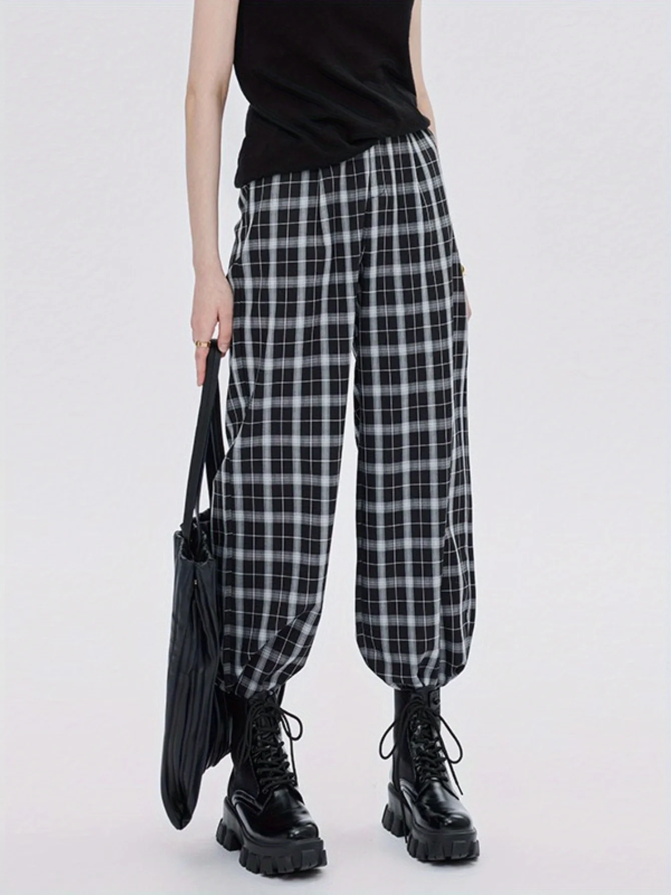 Women's Plaid Cuffed Wide‑Leg Pants, Summer New Arrival Korean Style Women's Casual Trousers