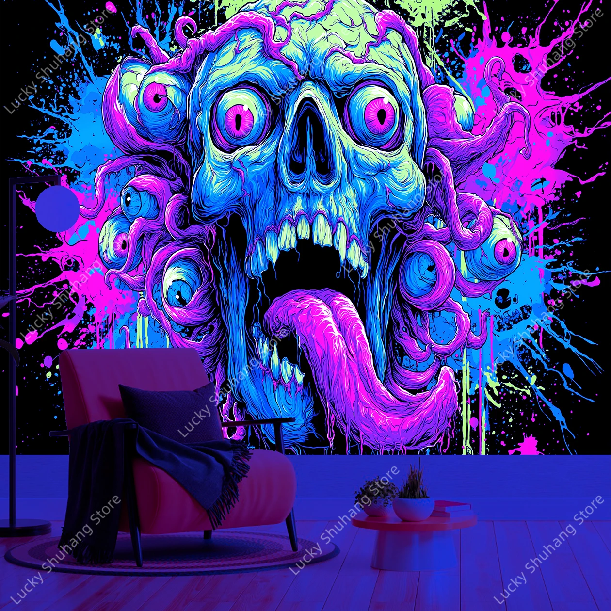 Vibrant Psychedelic Skull UV Tapestry with Neon Pink Blue Colors and Floating Eyeballs for Bold Music Festival Room Wall Decor