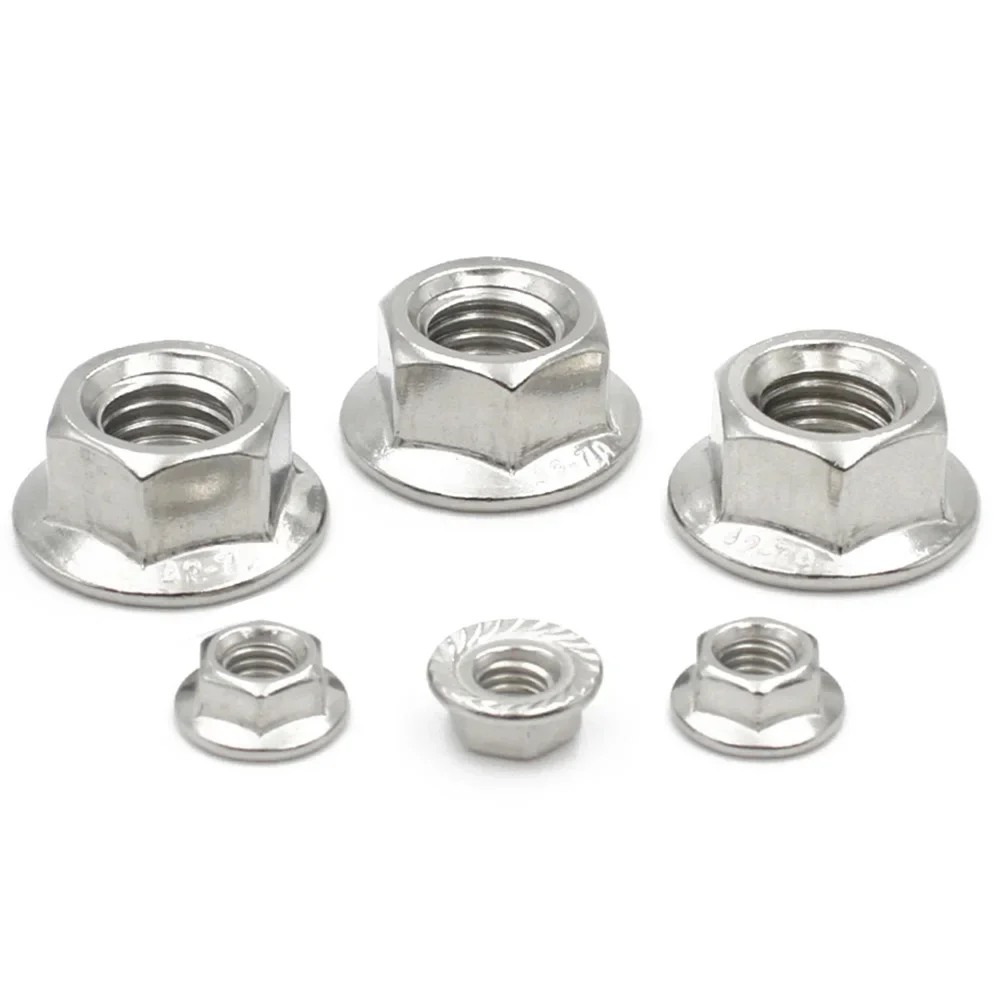 10 Stück 304 Edelstahl M3 M4 M5 M6 M8 M10 M12 M14 M16 M20 Sechskant-Flanschmutter Pinking Slip Locking Lock Nut DIN6923