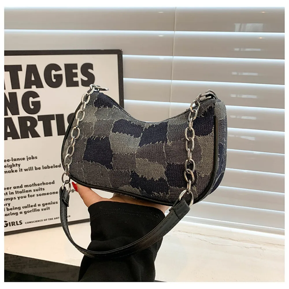 2023 New Fashion Small Square Bag Retro French Women Denim Plaid Pattern Totes Shoulder Bags Trend Female Underarm Chain Handbag