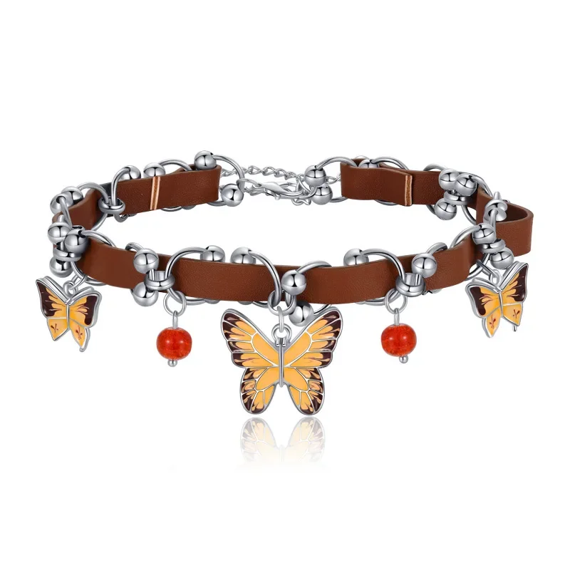 2025Черное колье «Тетя» Аксессуары: универсальное и модное кожаное колье с коричневым кольцом-бабочкой в американском стиле для женщин.