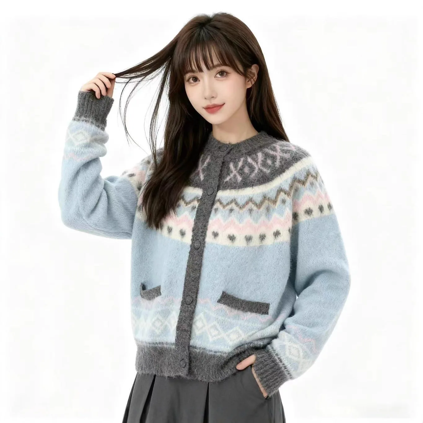 

Blue Knitted Sweater Jacket Women's Winter Thickened Short Cardigan Autumn and Winter Japan and Korea Casual