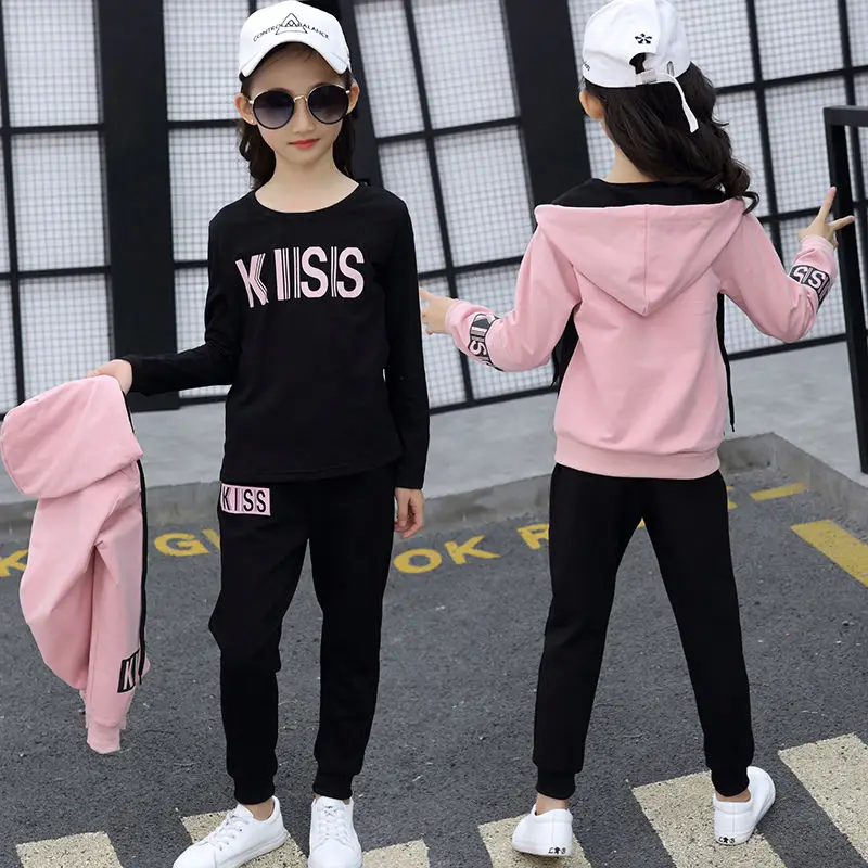 Children\'s Hooded Cotton Tracksuit Girls Fashion Cartoon Zipper Three Piece Teenage Kids Clothes Sets Spring Autumn 11 12 Years