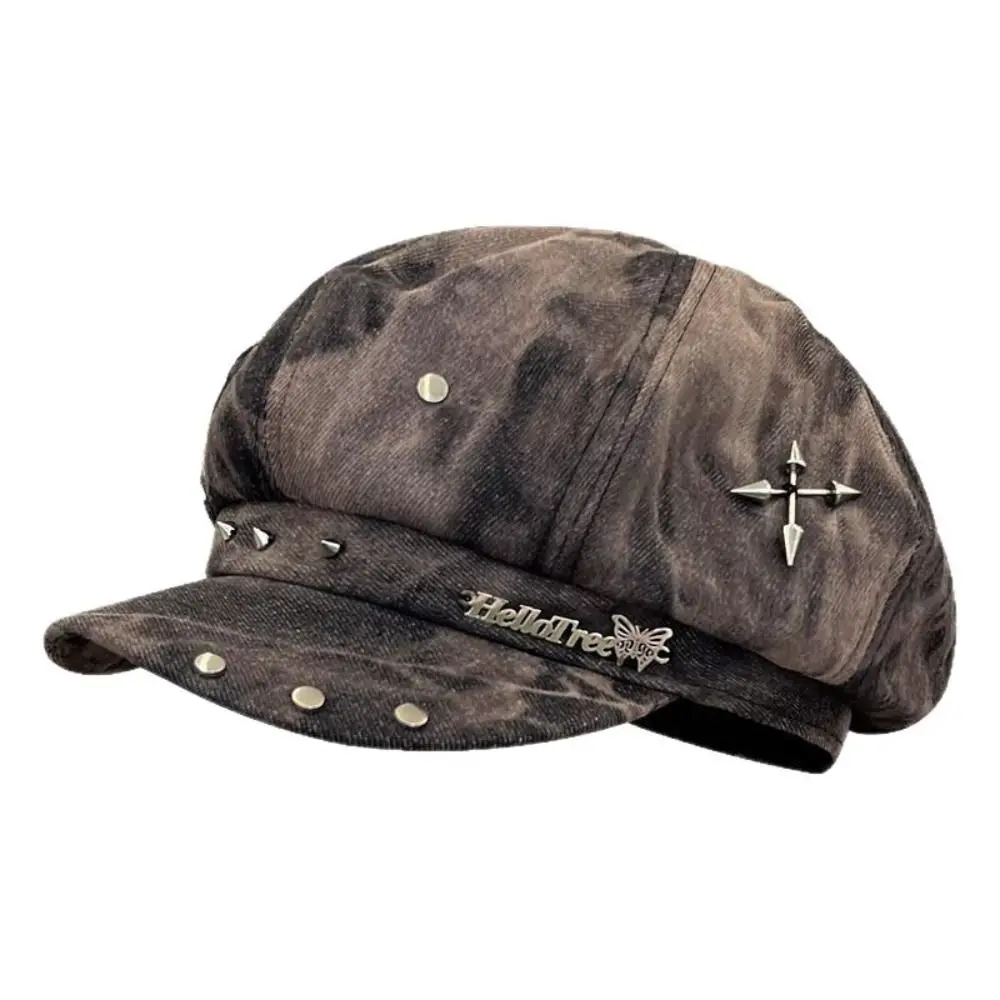 Star Sticker Harajuku Beret Hat Tie-dye Pattern Streetwear Accessories Newsboy Cap Rivet Design Punk Cap Spring Season
