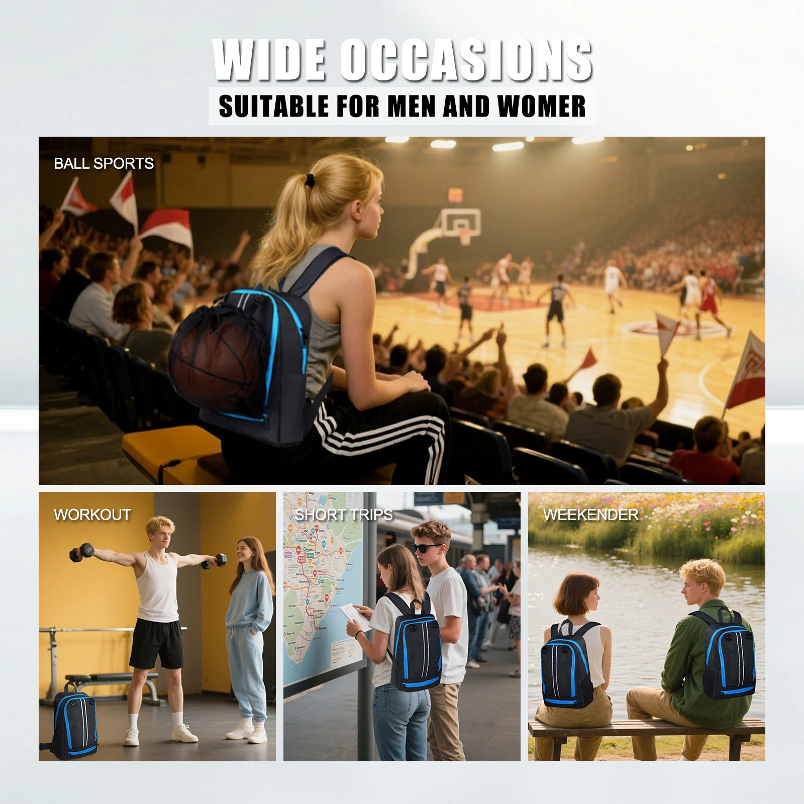 カスタマイズ可能な大容量防水スポーツバックパック、人間工学に基づいた背面デザイン、折りたたみ式メッシュボールポケット、通気性のあるシューズコンパートメント