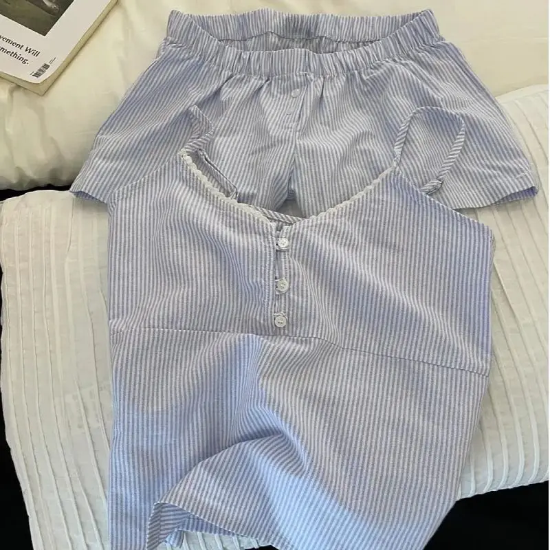 New Women's Summer Outfit: Strappy Shorts with Chest Padding, Women's Summer Cloud Cotton Sweet Blue Striped Loungewear Set 3
