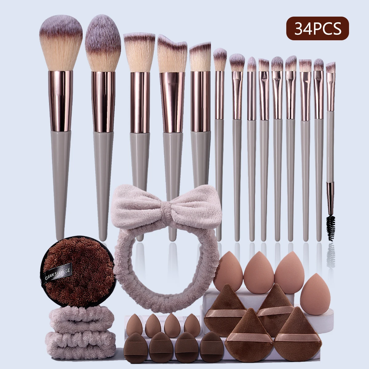 34-teiliges Make-up-Werkzeug, einschließlich Make-up-Pinsel-Set, ein Schönheitsei, ein Puderquasten-Set, ein Haargummi und ein Reinigungsquasten