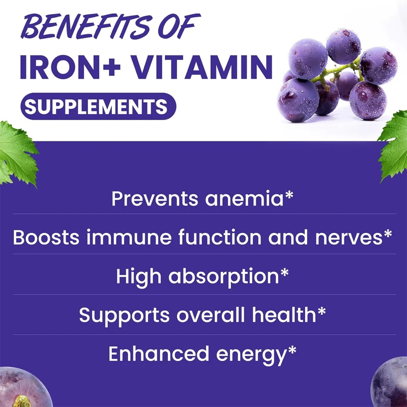 With Vitamin C, B12, B6, Zinc - Blood Builder & Energy - Iron Supplement Gummies Support for Iron Deficiency, Anemia