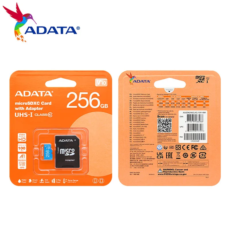 ADATA-Cartão Micro SD com Adaptador para Telefone, Cartão de Memória de Alta Velocidade, SDXC, A1, C10, UHS-I, 32GB, 64GB, 128GB, 256GB