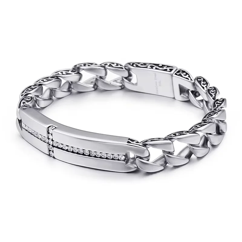 Fongten 22cm Cross Zircon Bracelet For Men Stainless Steel Cuban Chain Charm Male Bangle Bracelets Silver Color Curb Jewelry