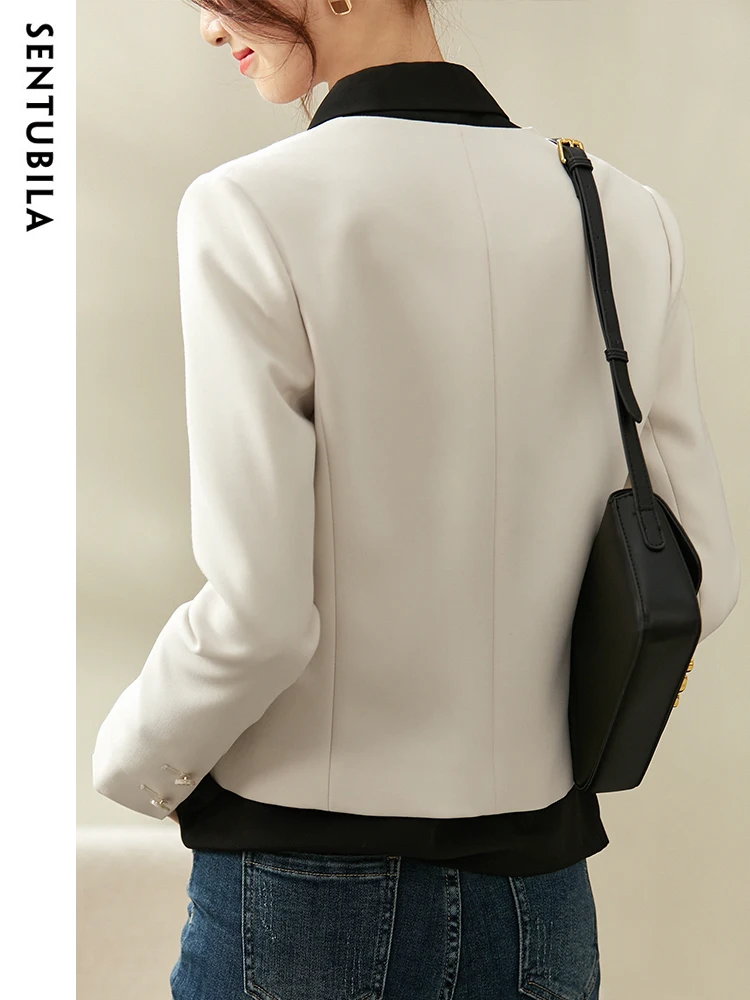 SENTUBILA V Neck Short Blazer Jackets for Women Autumn Elegant Casual Long Sleeve Single Breasted Simple Suit Jacket 123W44463