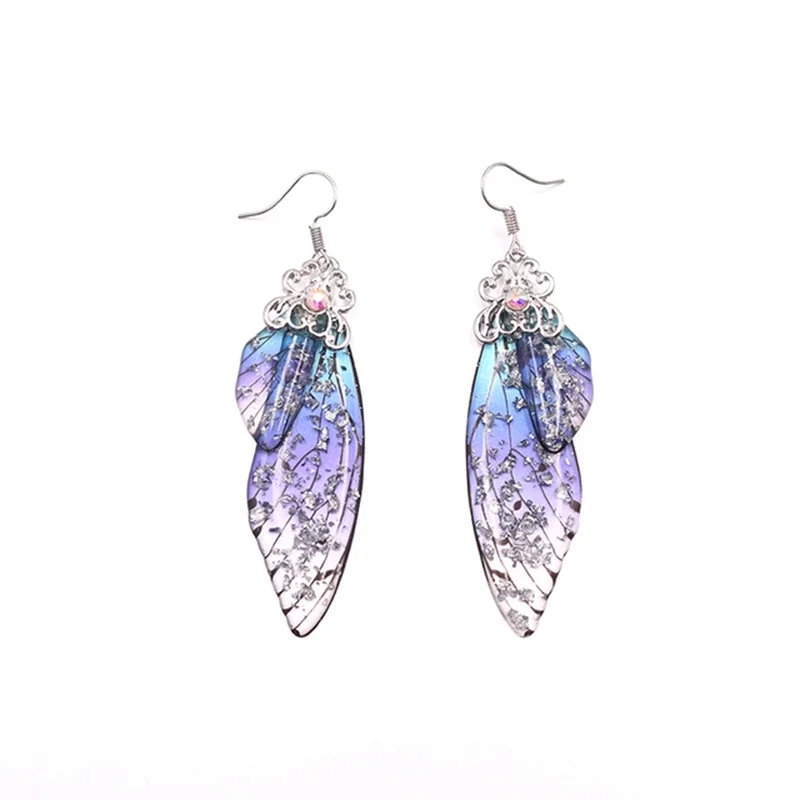 Handmade Fairy Simulation Wing Earrings Insect Butterfly Wing Drop Earrings Foil Rhinestone Earrings Romantic Bridal Jewelry