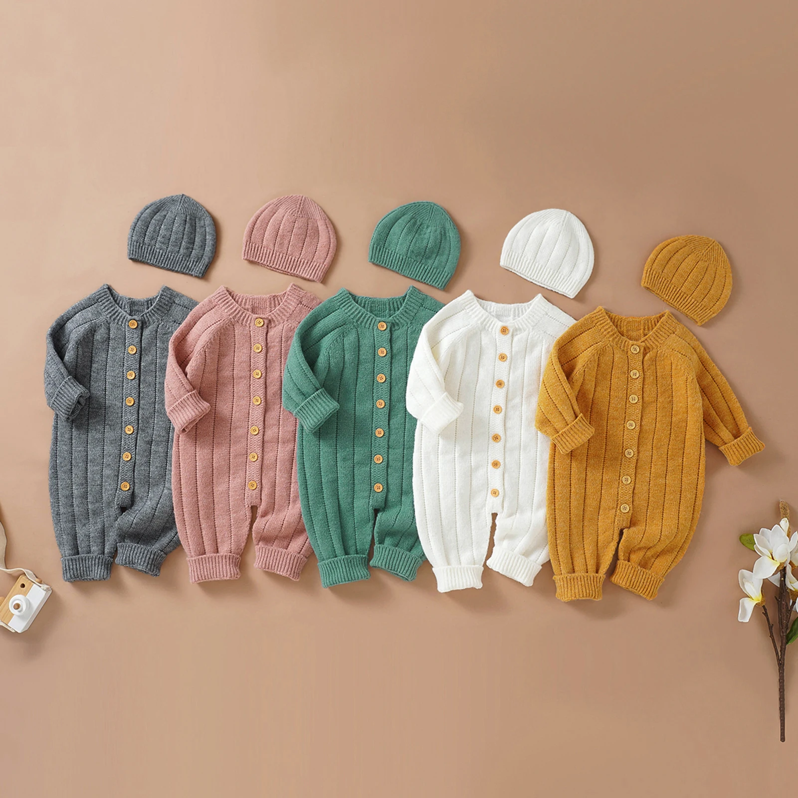 2022-06-29 Lioraitiin Infant Winter Jumpsuit and Cap, Solid Color Long Sleeve Single-breasted Knitted Romper, 0-18 Months