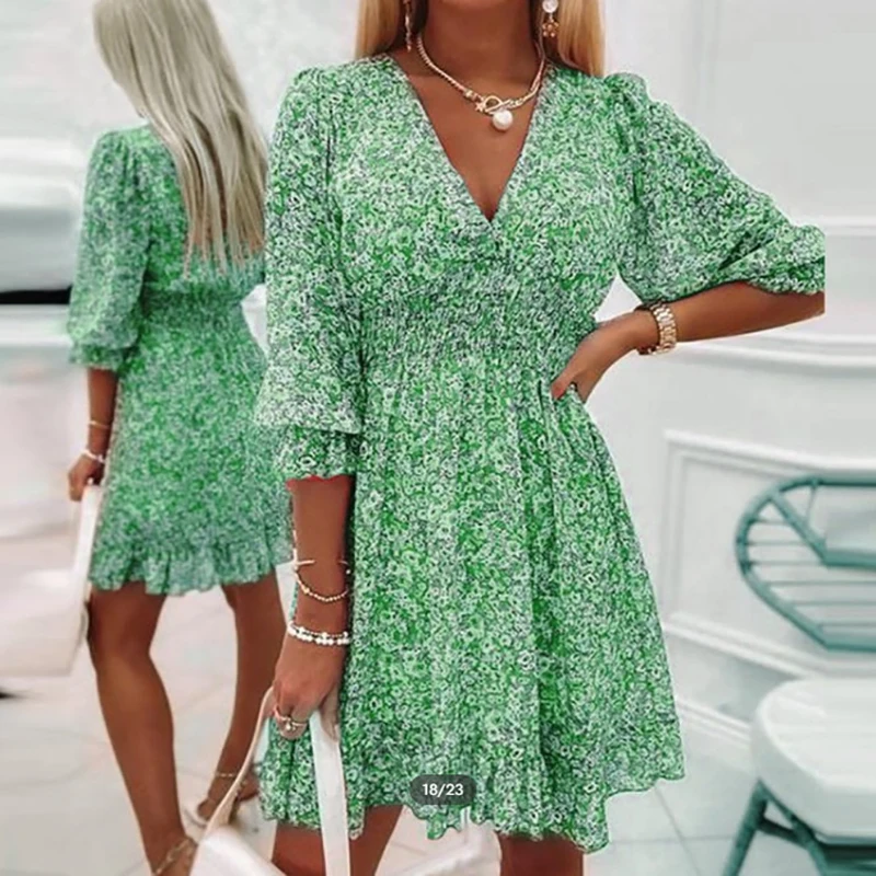 Elegant Floral Print Women Dress Summer Half Sleeve Short Dress Sundress Fashion Vestidos Robe Vacation Party Dresses 2022