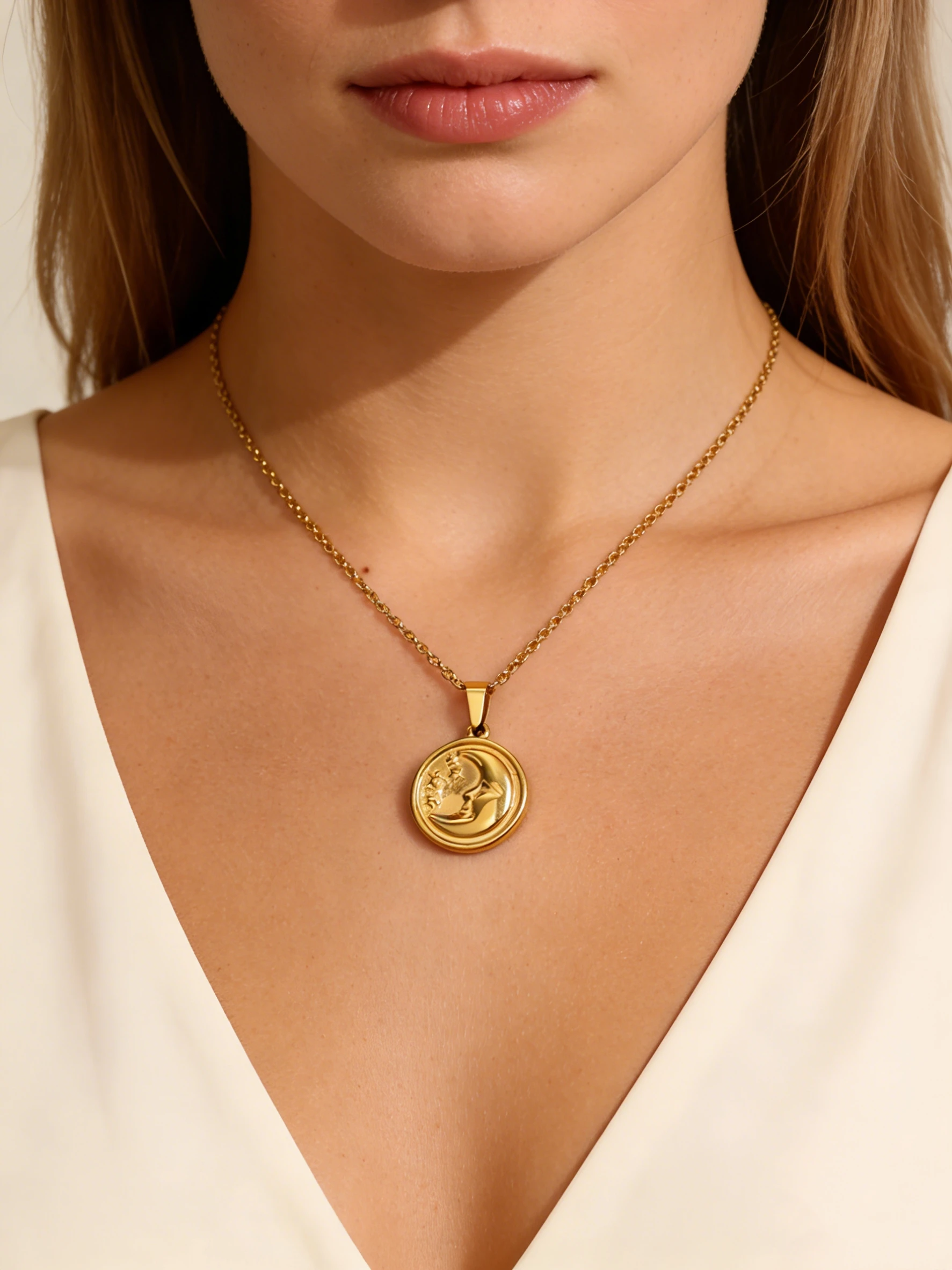 Minimalistische Halbmond-Halskette aus Edelstahl, Münz-Halskette mit Mond-Stern-Anhänger für Damen