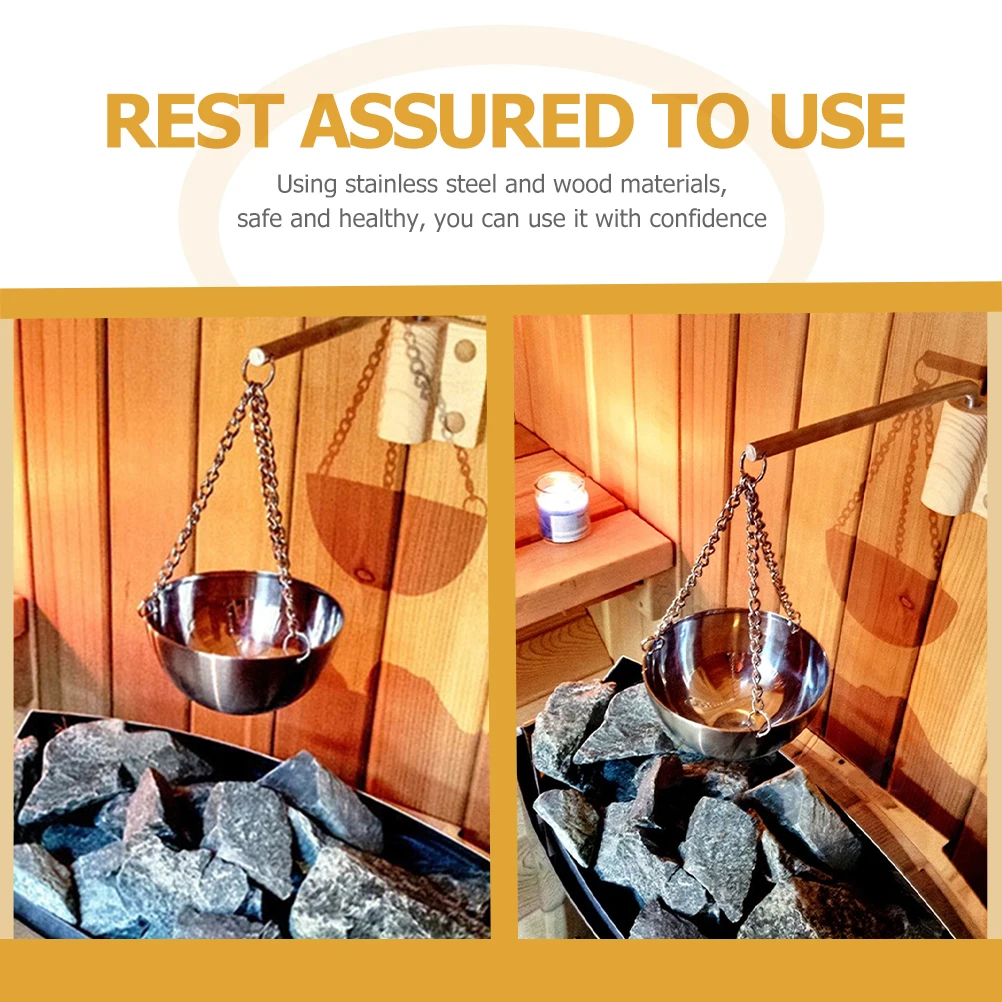 

Sauna Oil Cup 12CM Long Chain Wall Mount Essential Oil Holder Stainless Steel Wood Spa Bath Salt Bowls Plates Storage Container