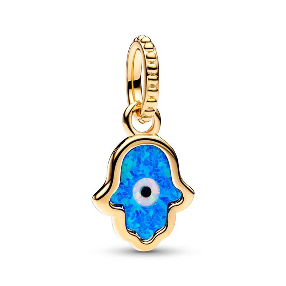 925 Sterling Silver Bead Opalescent Blue Hamsa Hand Powerful Dangle Charm Fit Fashion Women Bracelet Bangle Gift DIY Jewelry