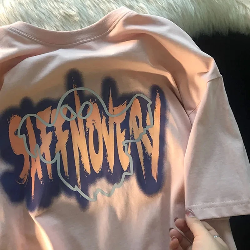 شارع العليا ريترو Harajuku المرأة تي شيرت الكرتون لطيف رسالة نقية مستديرة الرقبة قصيرة الأكمام الطباعة فضفاضة رداء علوي غير رسمي تي شيرت Y2K