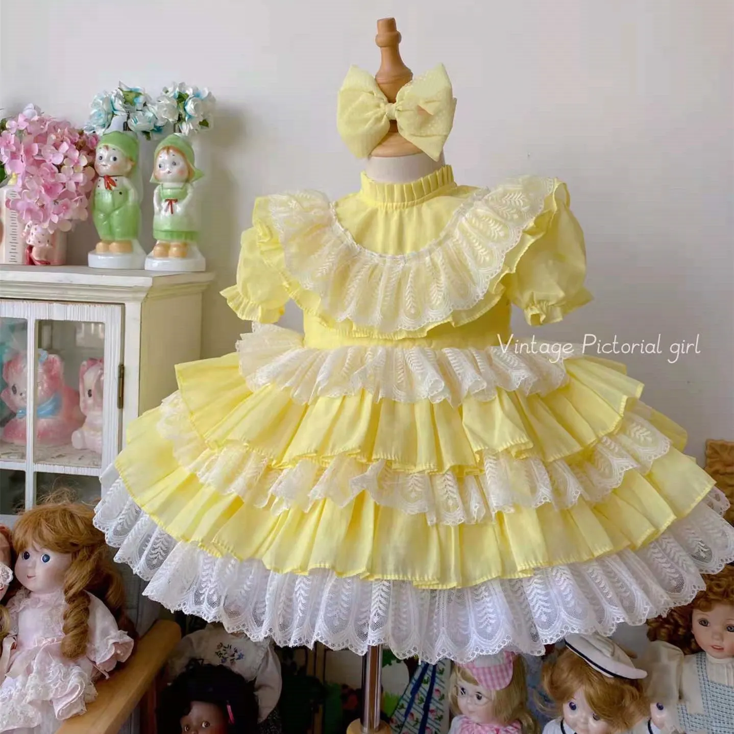 Baby Girl Spring Summer Vintage Spanish Lace Princess Yellow Dress or Easter Birthday Eid