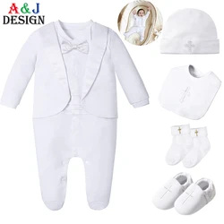 Baby Baptism Outfit Boy Infant Elegant Chic Tuxedo Gentleman Wedding Formal Footie White One Piece Suit Newborn To 9 Months