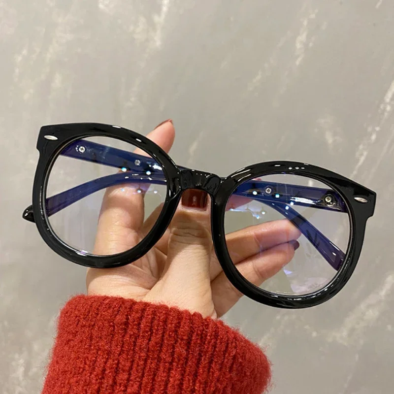 Vintage Black Frame Glasses Women Men Retro Oversized Round Optical Spectacle Plain Eyewears Anti Blue Light Reading Eyeglasses