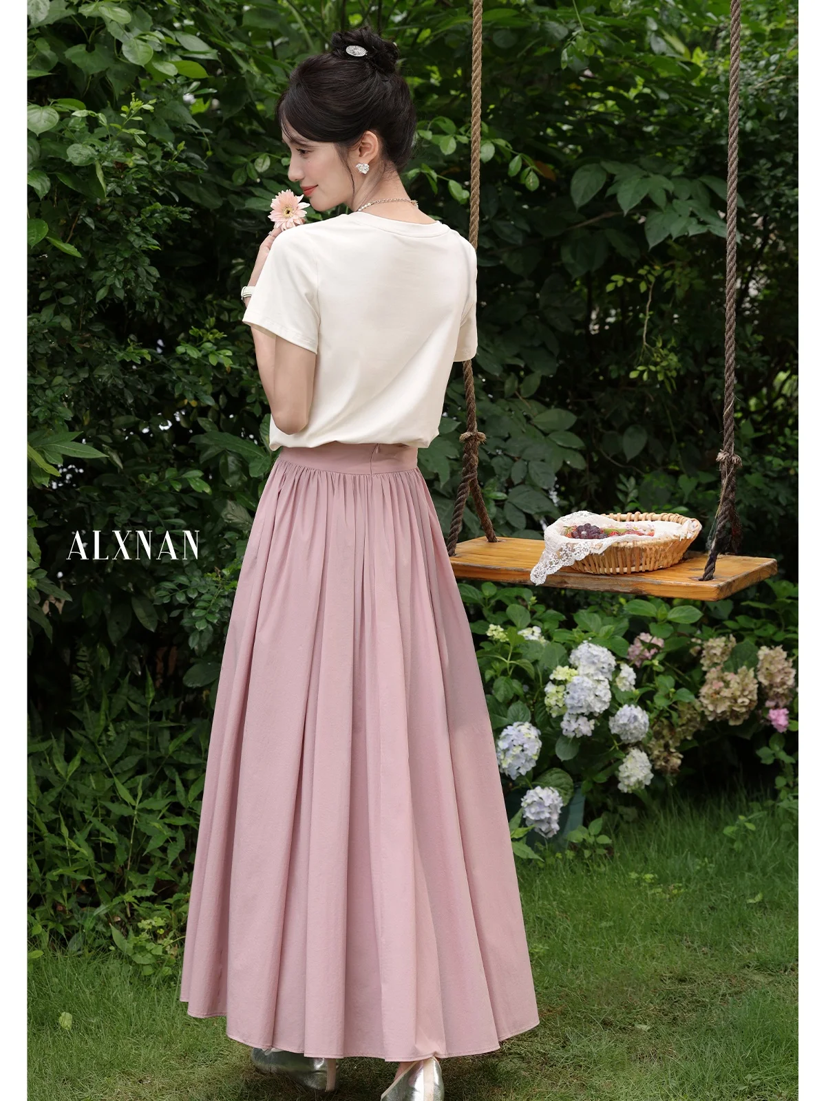 South Deer Peach Blossom Language Gonna rosa f-lunghezza Vita alta A-line Garza Gonna casual estiva da donna