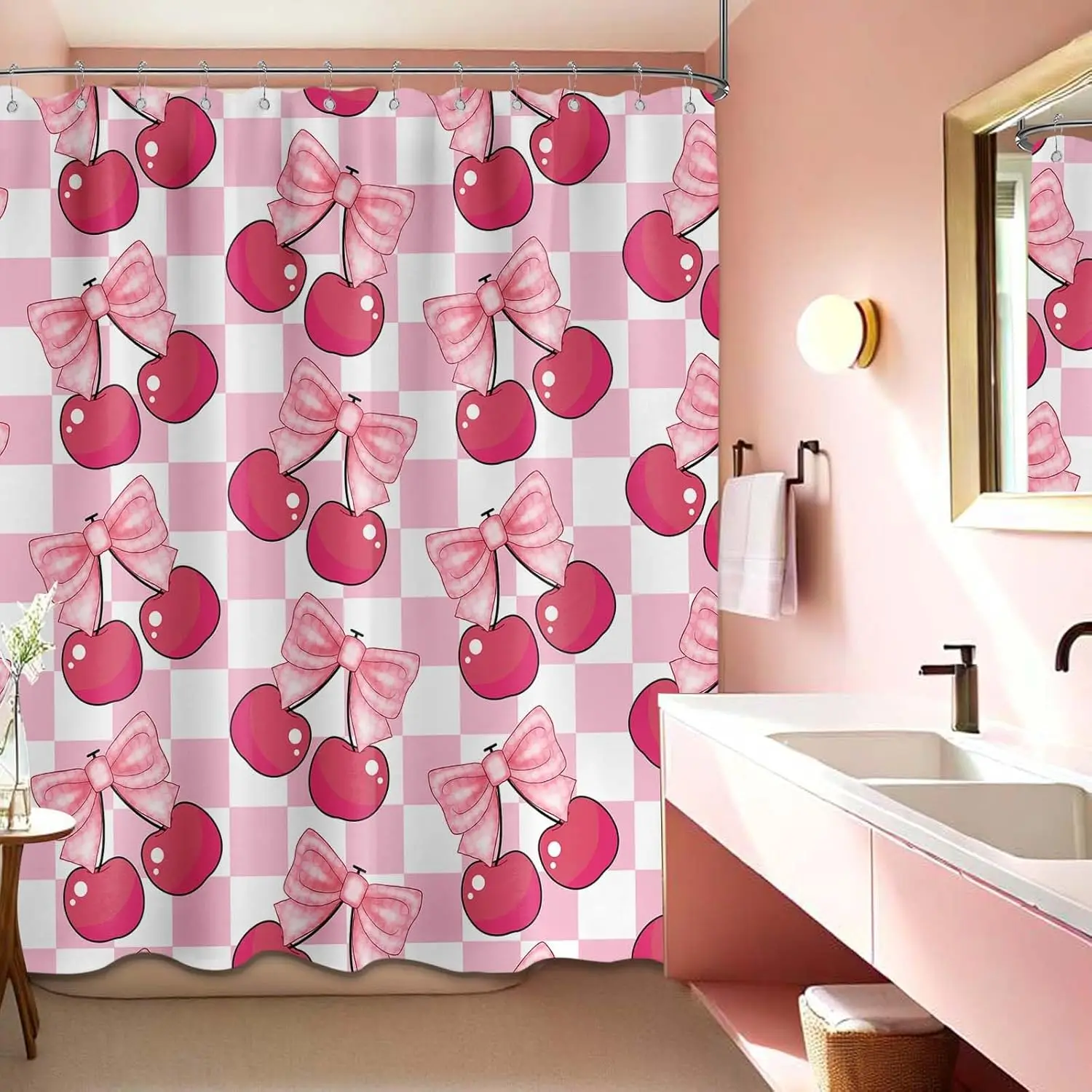 Pink Bowknot Cherry Shower Curtain Preppy Checkered Groovy Y2k Girls Bathroom Decor, Waterproof Fabric 72 x 72 inchwith Hooks
