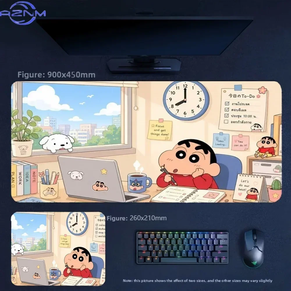 Anime Crayon Shin‑chan Office Study Scene Large Mousepad, Rubber Non‑Slip Stitched Edges Desk Mat, Cute Cartoon Extended Keyboar
