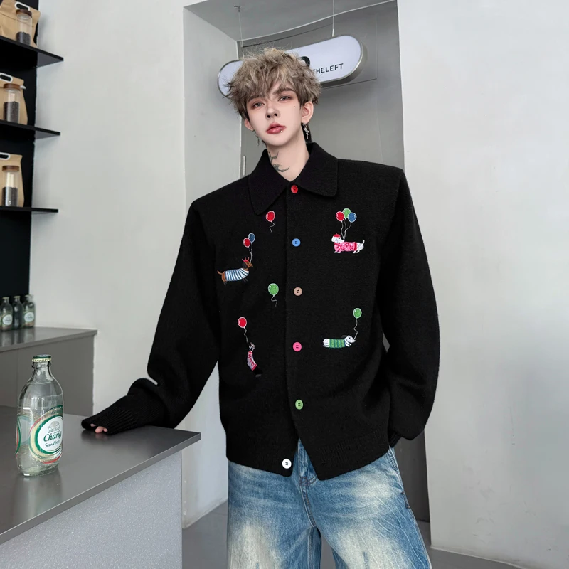 

Loose Fit Knitted Cardigan Men's Casual Sle Winter Faion Animal Pattern Embroidery Cotton Blend Long Sve Open Front Sw...