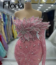 Glitter Blush Pink Off Shoulder Evening Dress Arabic 3D Leaf Design Mermaid Wedding Event Gowns Women Long Formal Prom Dresses