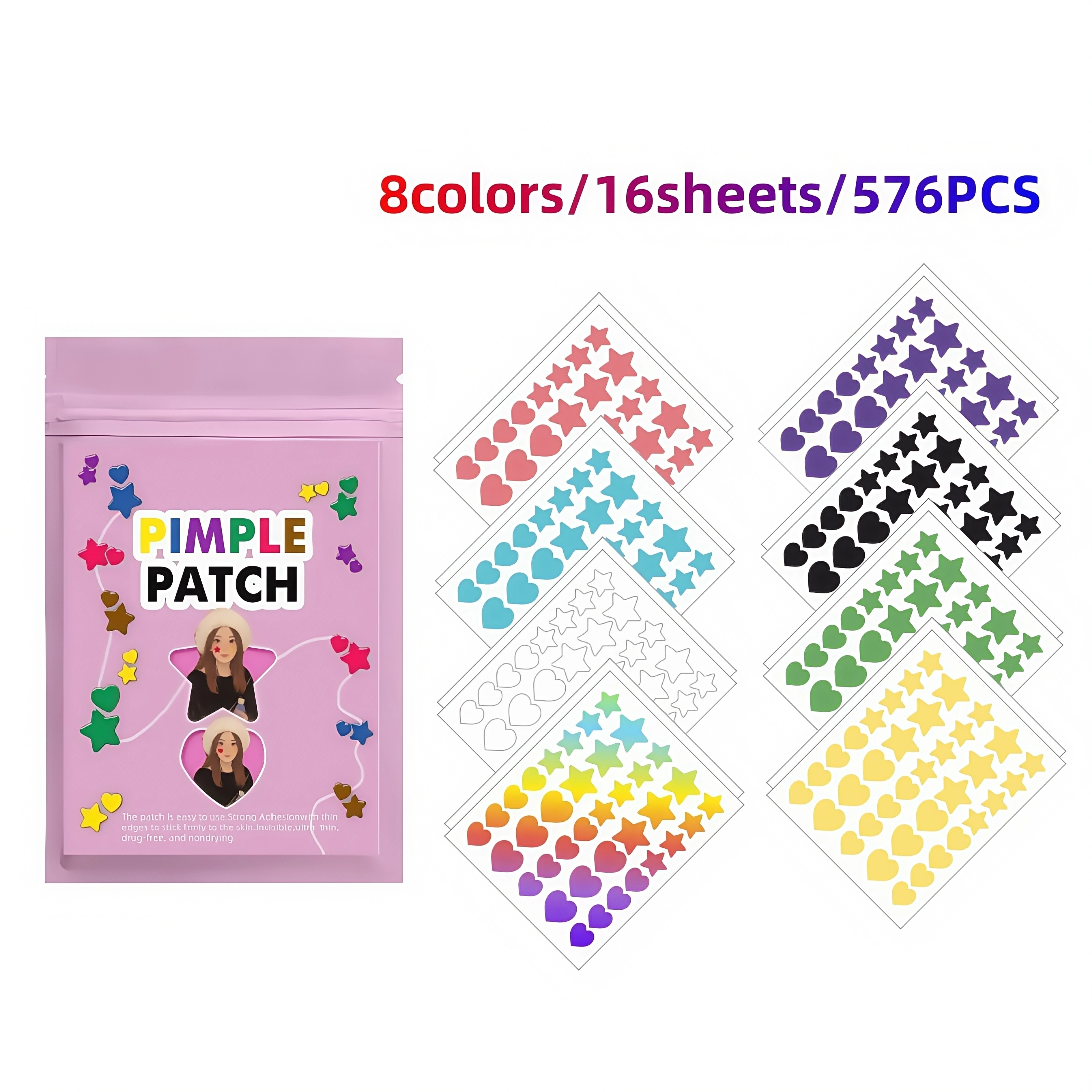 576PCS 8 Colors Star Heart Mixed Acne Patch Large Pack Hydrocolloid Pimple Sticker