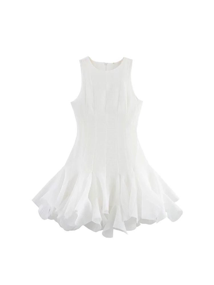 

European and American summer new women's French retro round neck sleeveless temperament slim fit ruffle hem dress