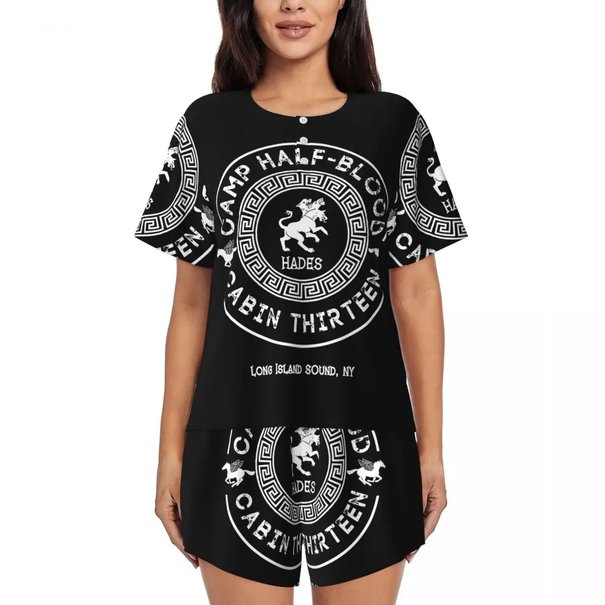 

Cabin Thirteen Hades Percy Jackson Camp Half-Blood Round Neck Short Sleeve Nightgowns for Sleeping Women Pajama Set Short Pants