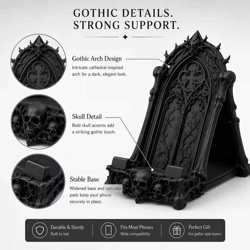 Gothic Skull Phone Stand, Dark Gothic Style Desk Phone Holder with Skull & Thorn Details, Black Decorative Cell Phone Stand