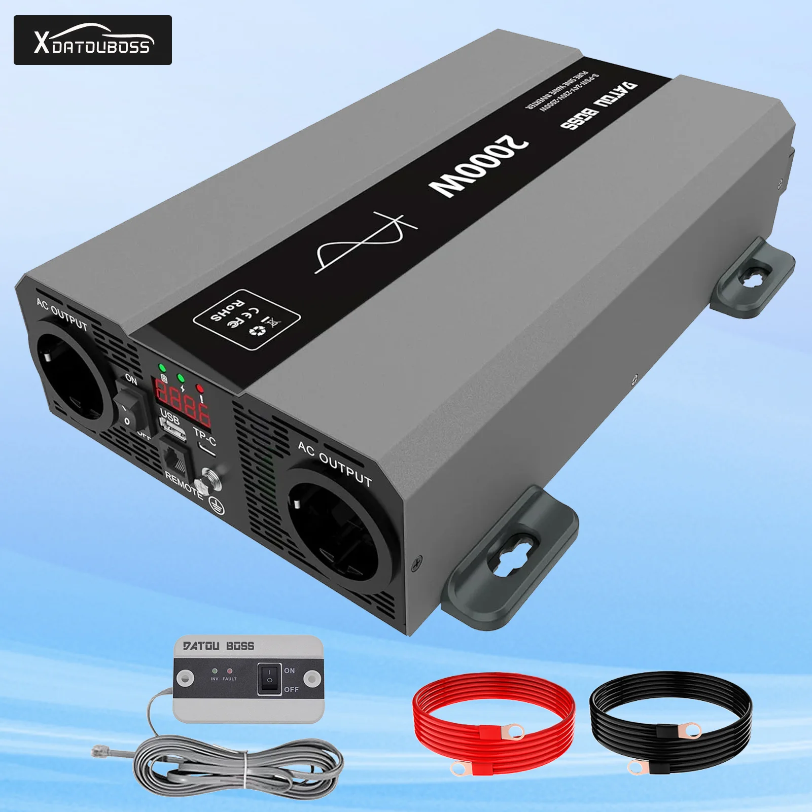 DATOU BOSS Pure Sine Inverter 12v to 220v DC to AC 2000W 50Hz EU Power Socket Type-C USB Interface LCD Display