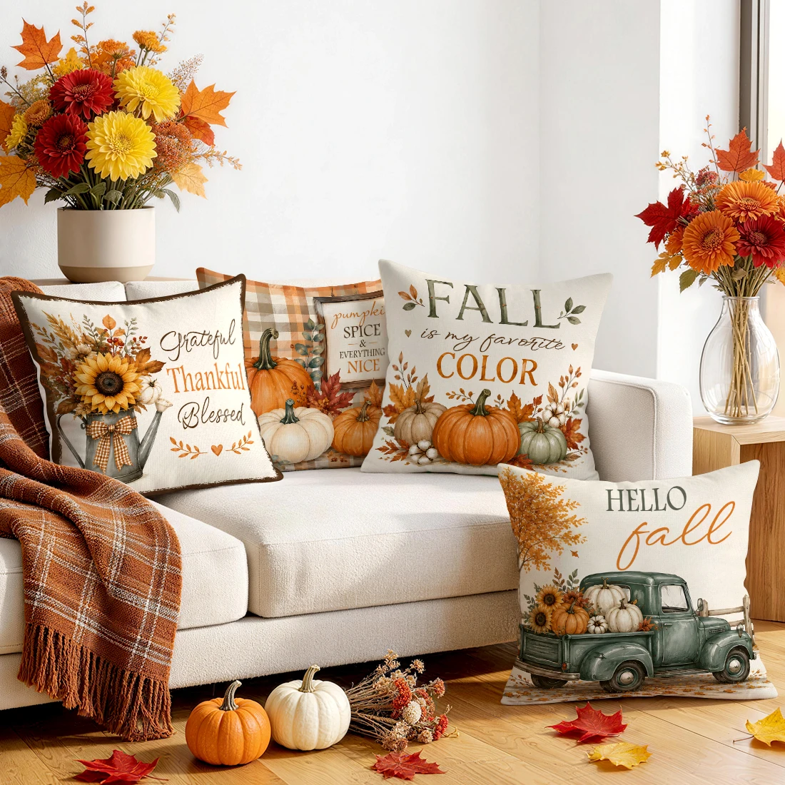 Watercolor Pumpkin Retro Truck Autumn Cushions Pillowcase Polyester Cushion Cover Throw Pillow Pillowcover Home Car Sofa Decor