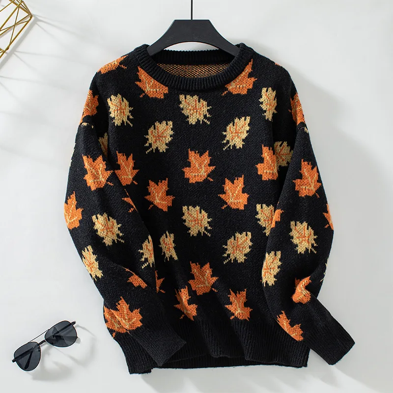 2024 autumn and winter European and American sweater women\'s maple leaf pattern jacquard casual pullover cross-border knitted sw